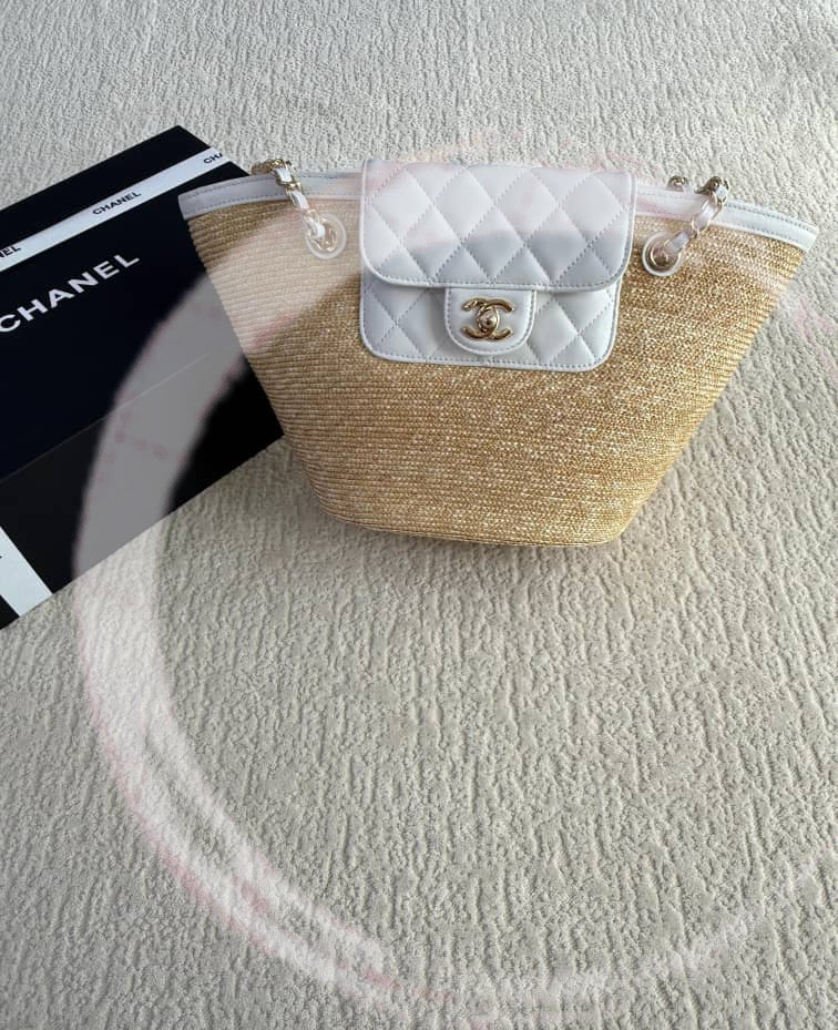 Chanel Deauville Straw Tote – White Quilted Leather & Natural Woven Canvas