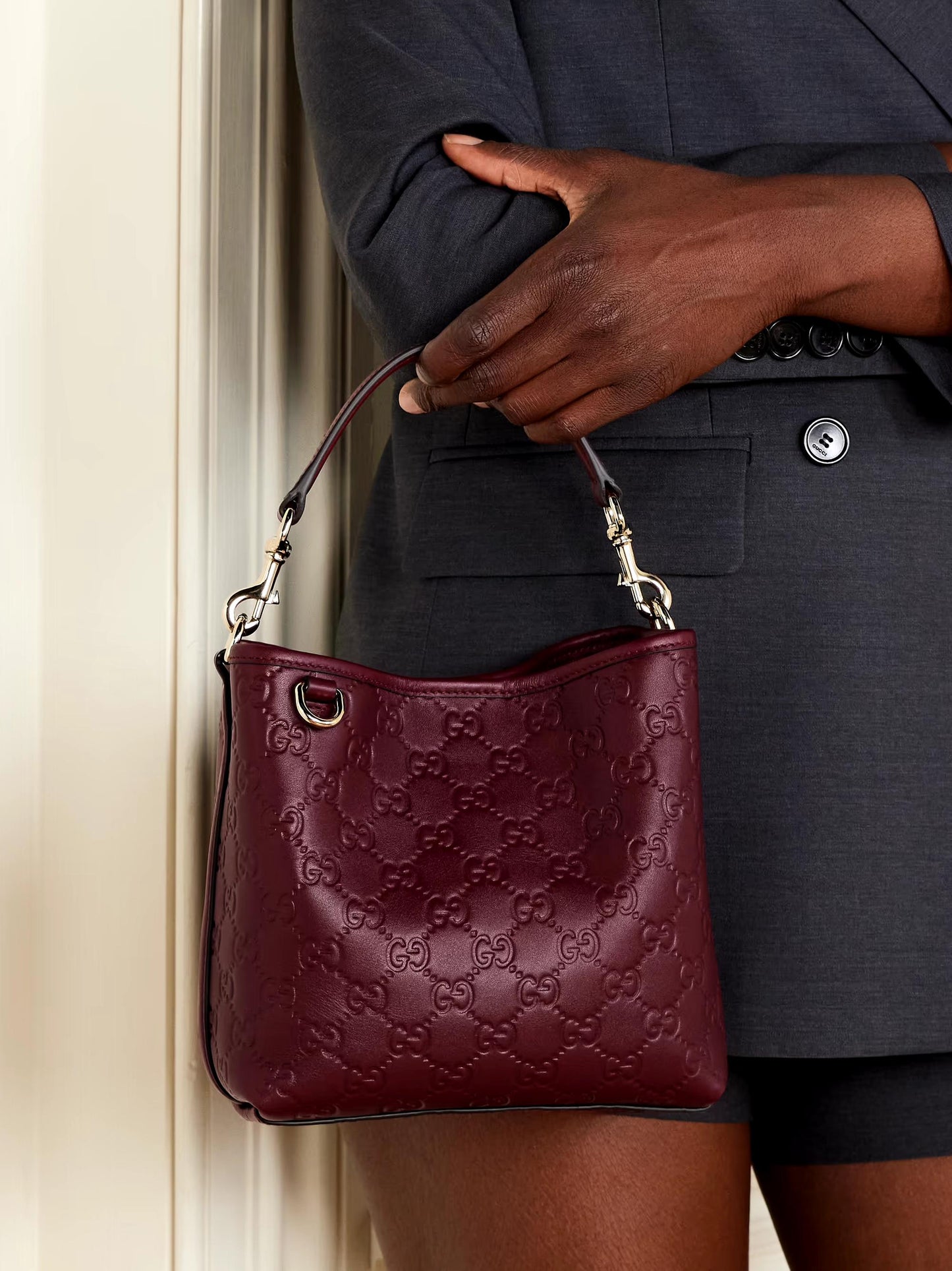 Gucci GG Embossed Burgundy Leather Shoulder Bag