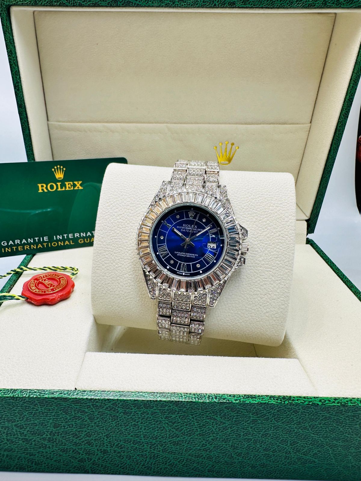 "Iced Out" Pave Rolex-Style Datejust with Baguette Bezel and Full Diamond Setting