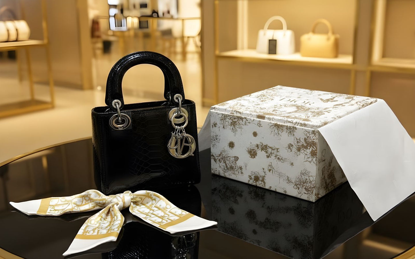 Dior Metallic Gold Microcannage Patent Leather Mini Lady Dior Tote