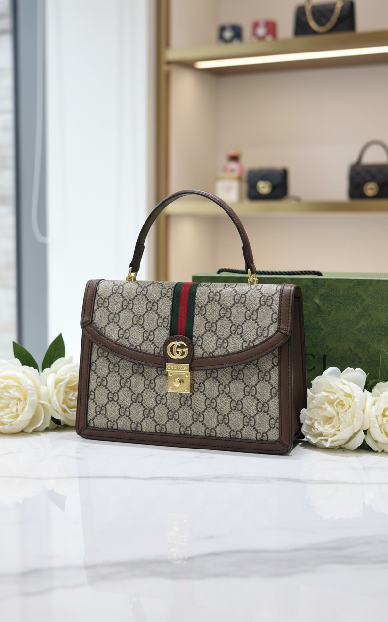 Gucci Small Ophidia Web Top Handle Bag in GG Supreme Canvas & Leather