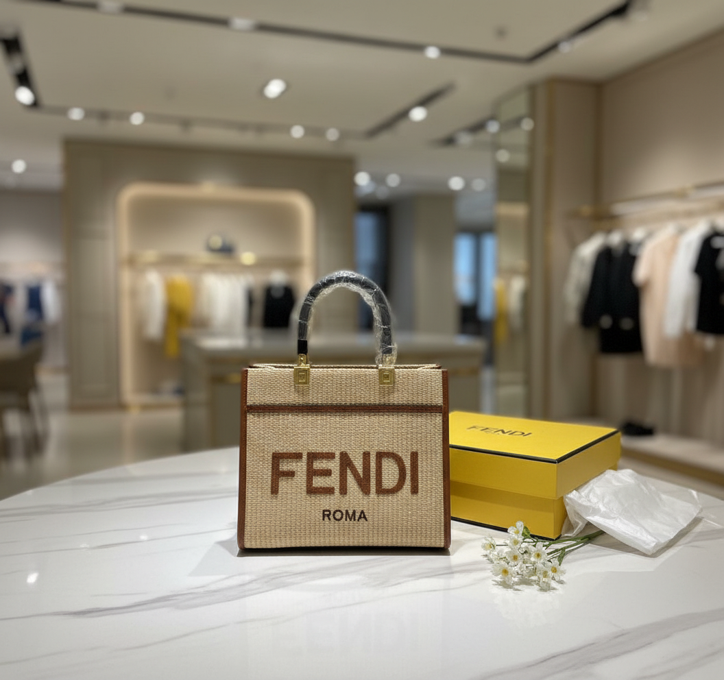 Fendi  Sunshine Small Brown leather and beige cotton shopper