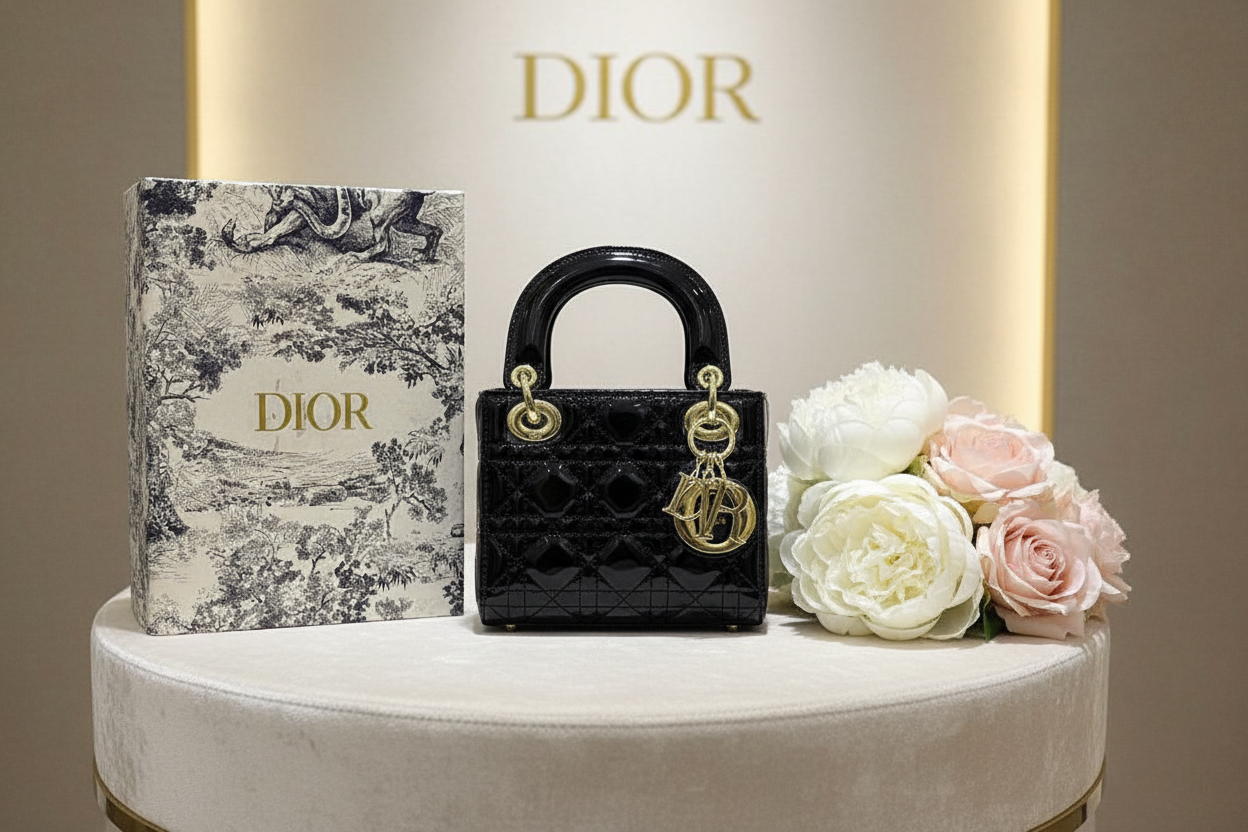 Dior Black Cannage Patent Leather Mini Lady Dior Tote