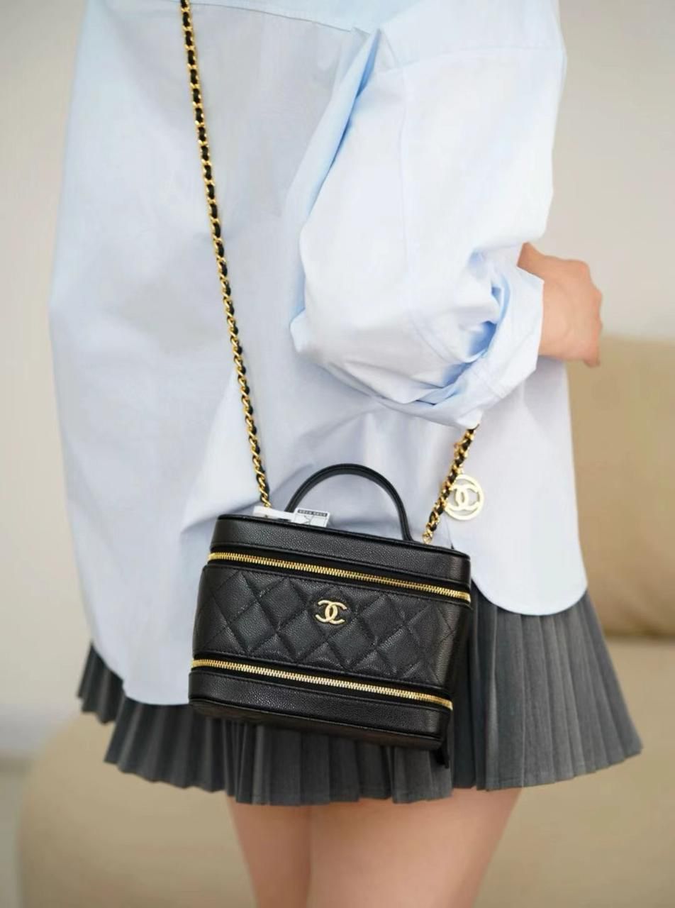 Chanel Vanity Case Bag in Black Caviar Leather with Gold Hardware