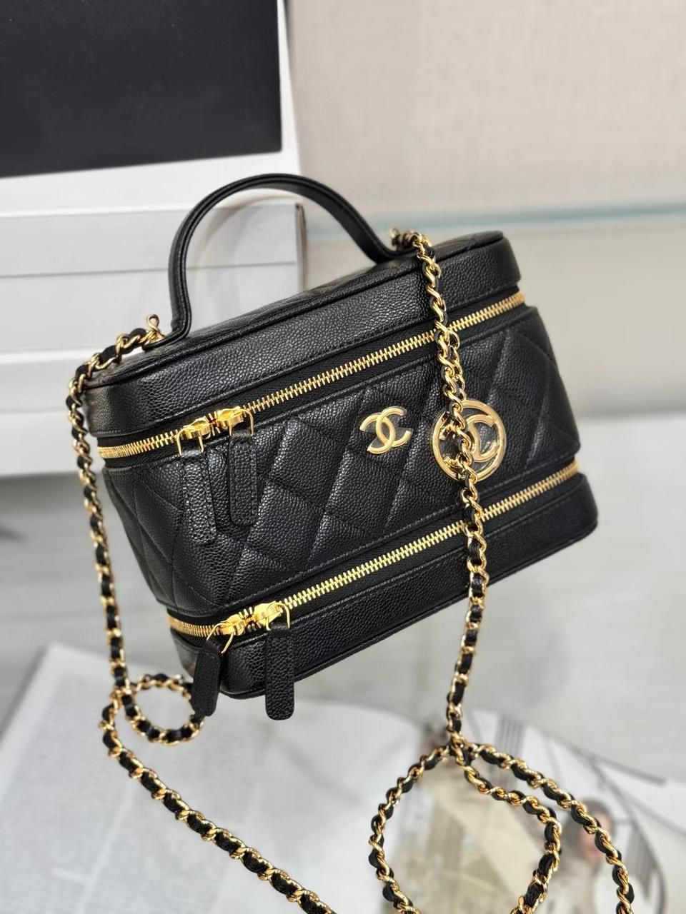 Chanel Vanity Case Bag in Black Caviar Leather with Gold Hardware