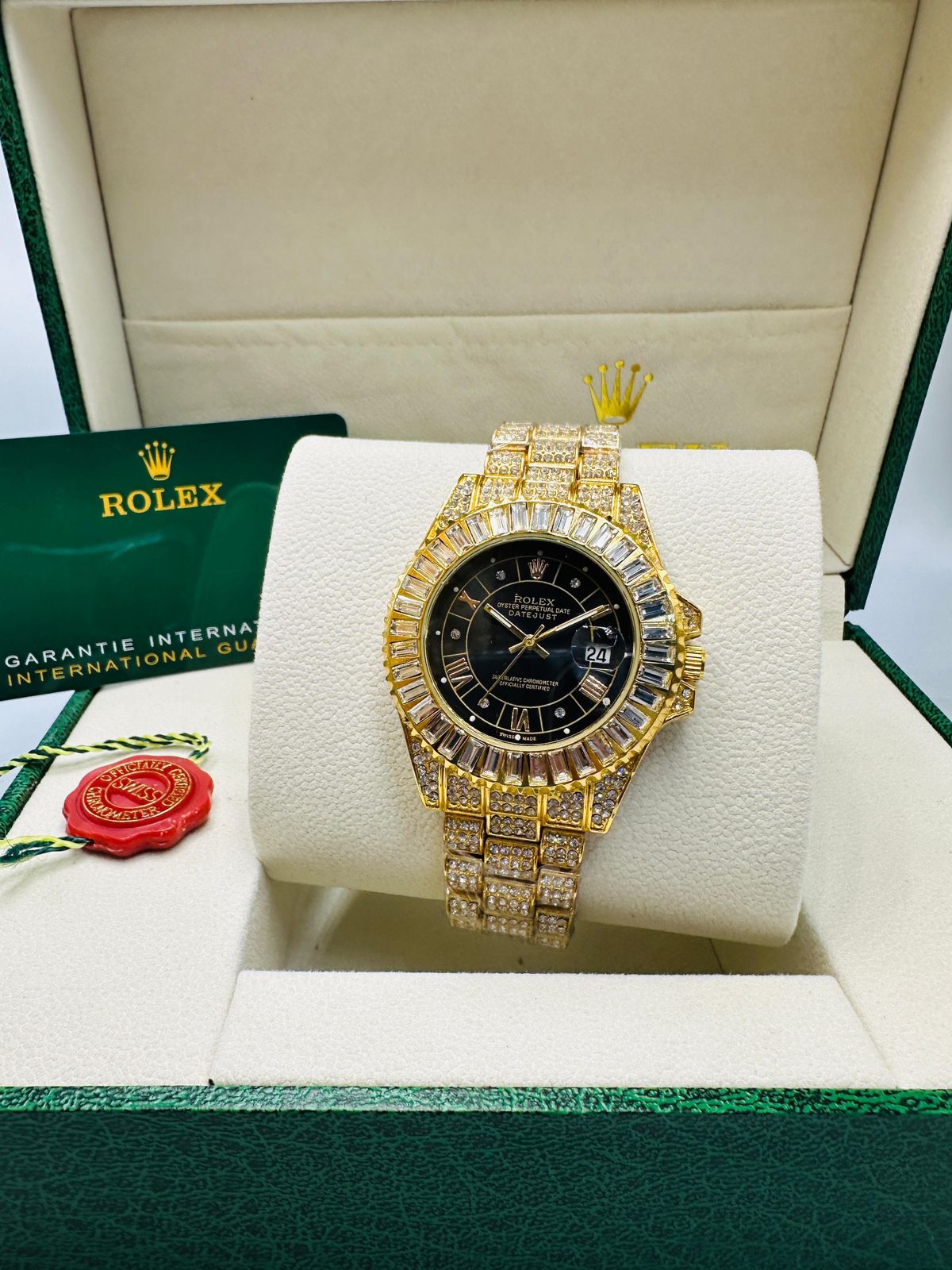 "Iced Out" Pave Rolex-Style Datejust with Baguette Bezel and Full Diamond Setting