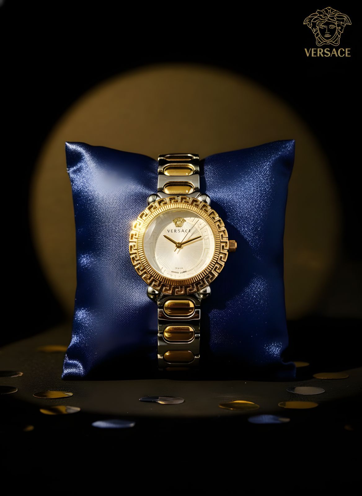 Versace Women’s Gold Watch — A luxurious timepiece with a gold stainless steel bracelet and a black round dial. Designed with Versace’s iconic Greek key pattern, it perfectly combines elegance and bold style for any occasion.
