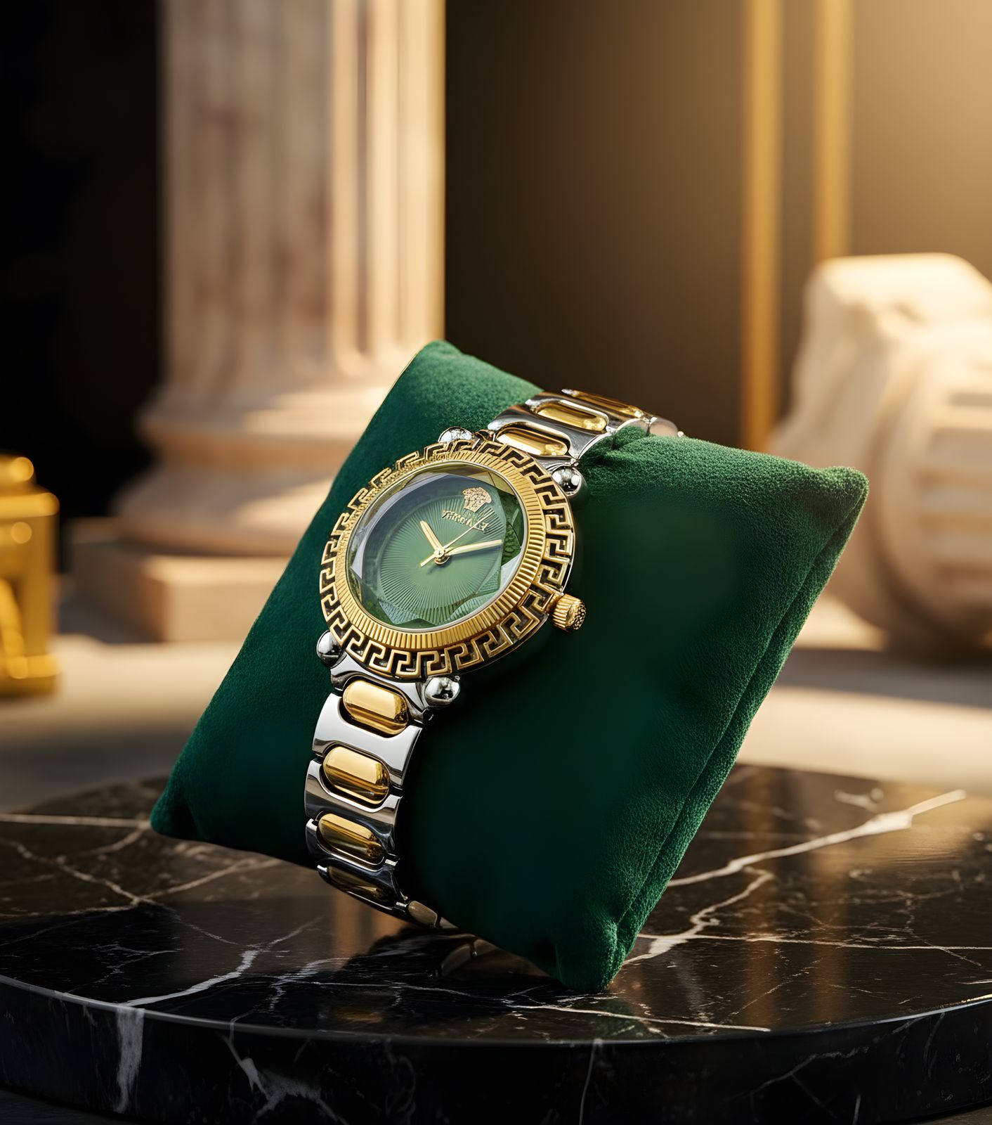 Versace Women’s Gold Watch — A luxurious timepiece with a gold stainless steel bracelet and a black round dial. Designed with Versace’s iconic Greek key pattern, it perfectly combines elegance and bold style for any occasion.