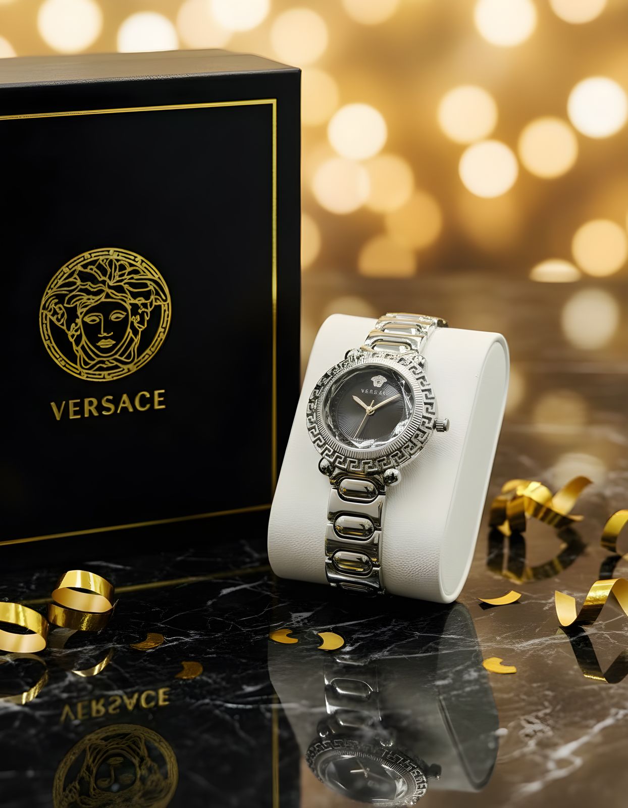 Versace Women’s Gold Watch — A luxurious timepiece with a gold stainless steel bracelet and a black round dial. Designed with Versace’s iconic Greek key pattern, it perfectly combines elegance and bold style for any occasion.