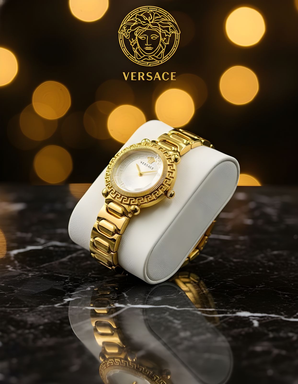 Versace Women’s Gold Watch — A luxurious timepiece with a gold stainless steel bracelet and a black round dial. Designed with Versace’s iconic Greek key pattern, it perfectly combines elegance and bold style for any occasion.
